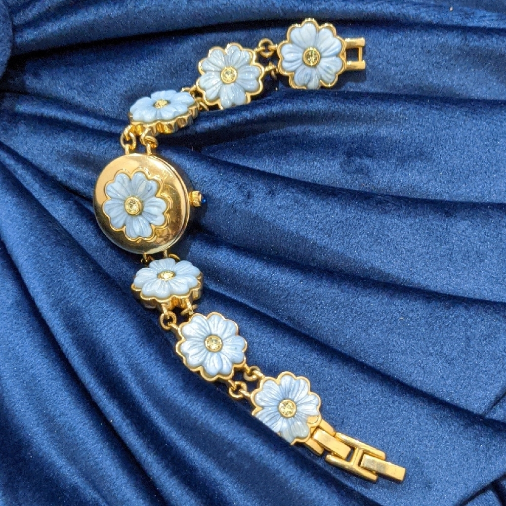 Designer Marcel Drucker Gold Bracelet Hidden Watch with Blue Floral Design